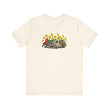 Spring Garden Tee – Bunny, Cardinal & Bluebird | Botanical Easter T-Shirt