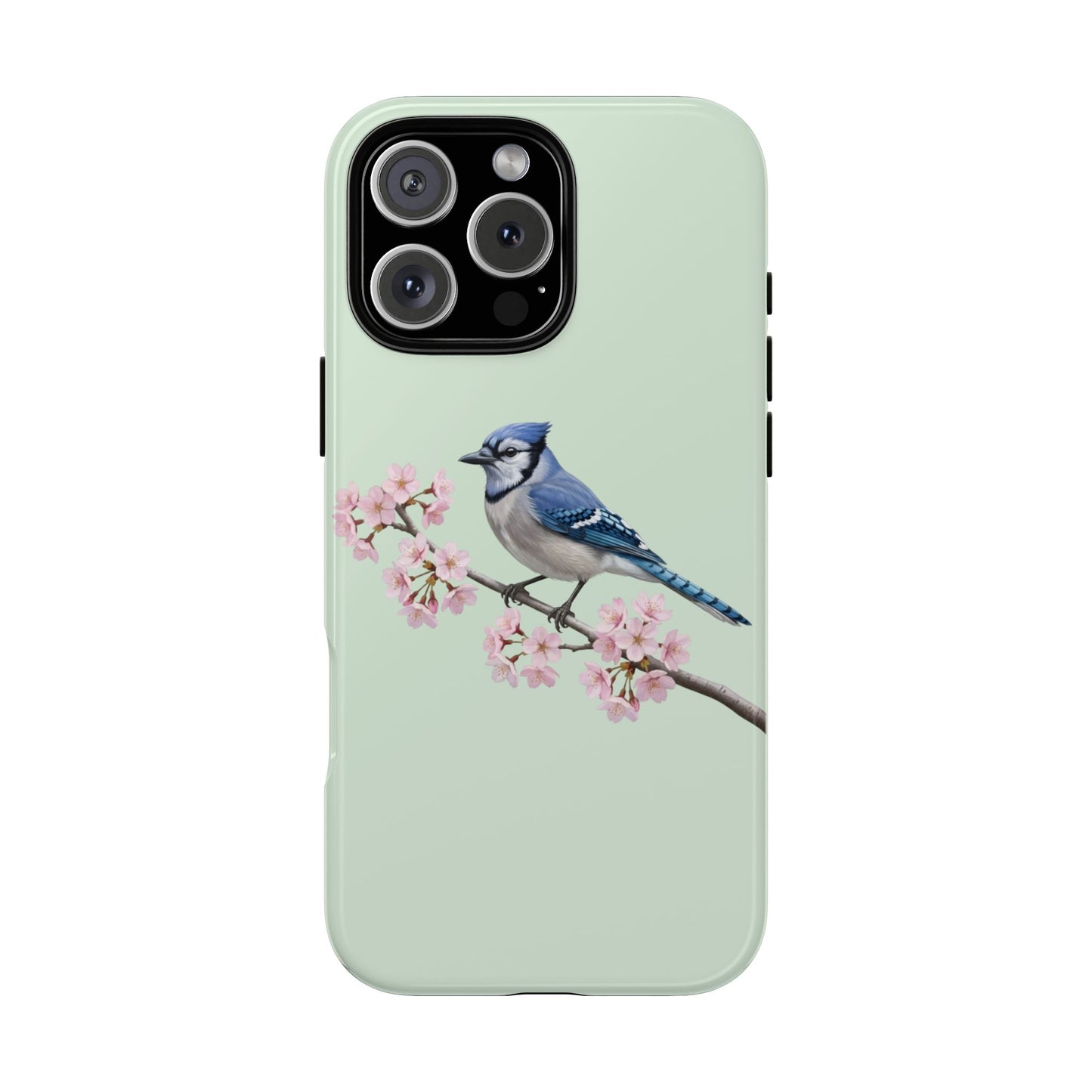 Blauhäher Handyhülle in Salbeigrün | Florales Kirschblüten Vogel-Motiv für iPhone & Google Pixel