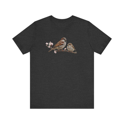 Tree Sparrow & Fledgling T-Shirt | Spring Blossoms Unisex Graphic Tee
