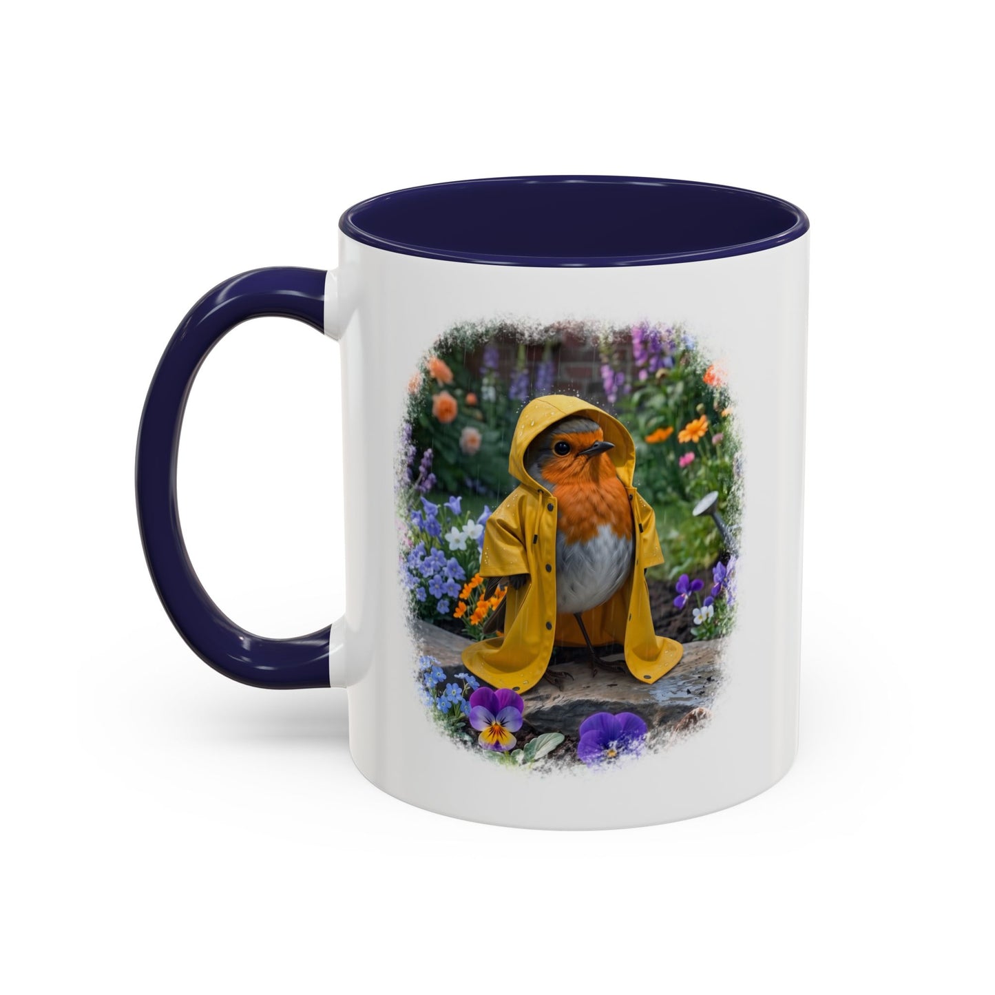 Robin Rosi Yellow Raincoat Garden Premium Mug for Bird Lovers