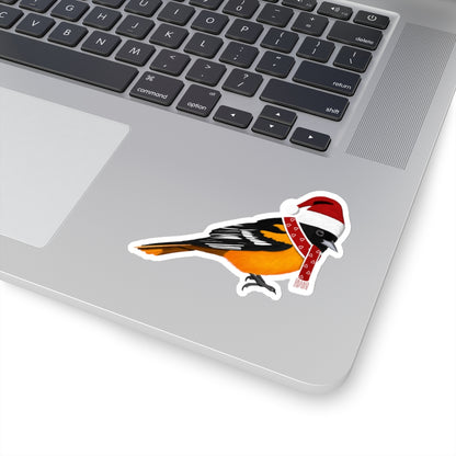 Baltimore Oriole with Santa Claus Hat and Scarf Christmas Bird Sticker