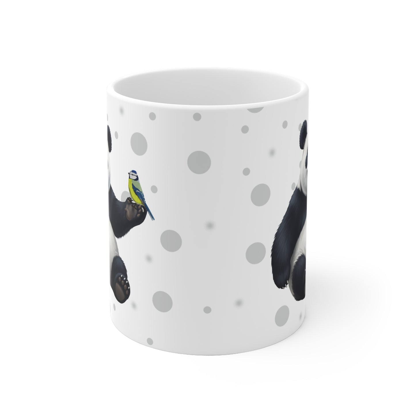 Blaumeise mit einem fröhlichen Panda Vogel Tiermotiv Tasse Punkte Grau