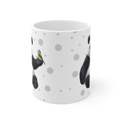 Blaumeise mit einem fröhlichen Panda Vogel Tiermotiv Tasse Punkte Grau