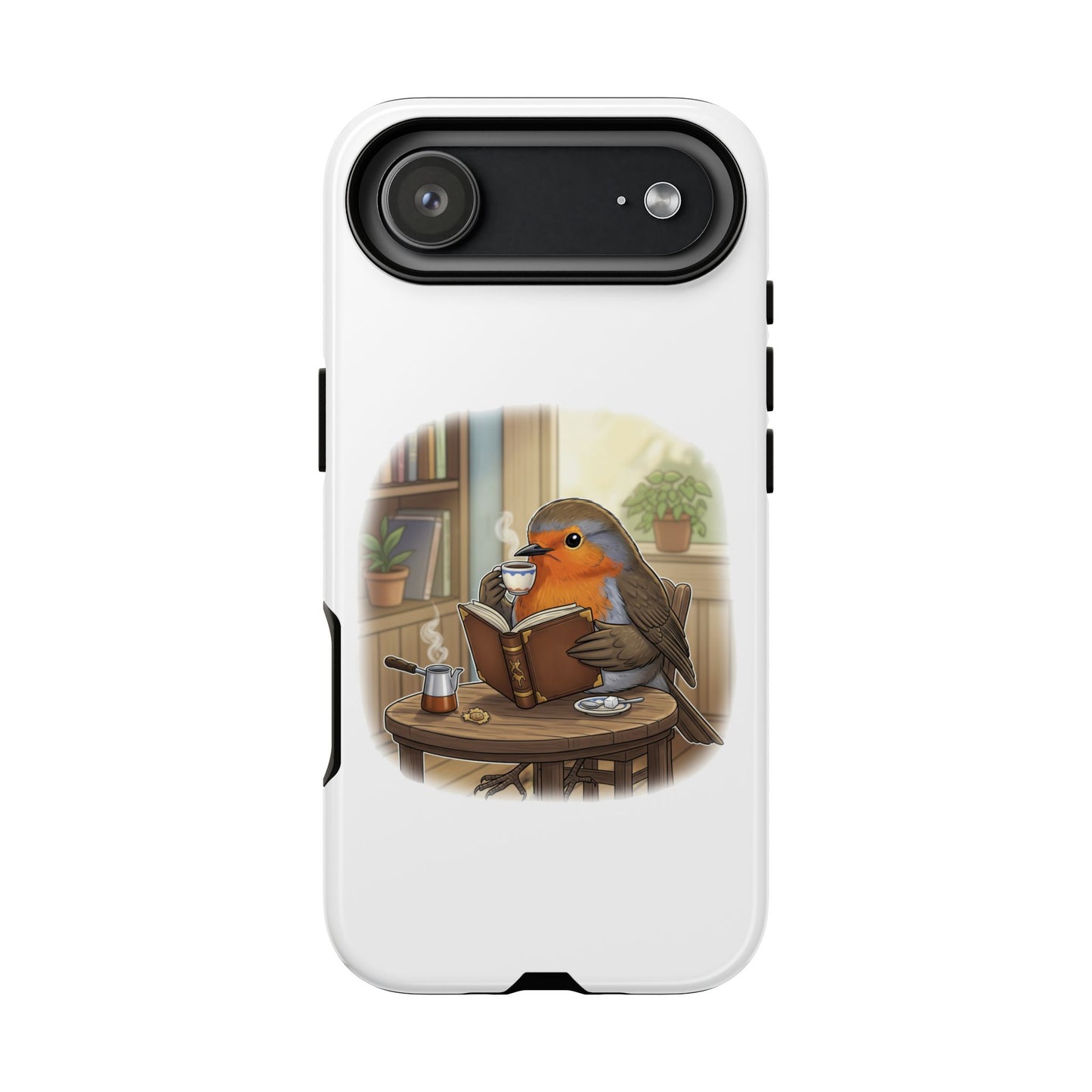 Rotkehlchen liest und trinkt Kaffee Premium Handyhülle – Doppelt Geschützt & Rundum Bedruckt Weiß