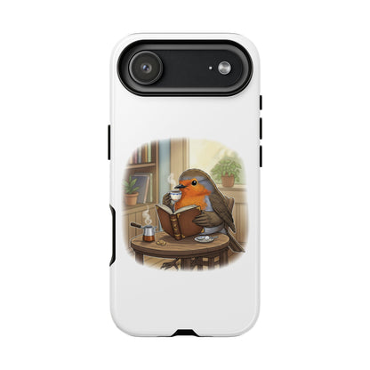Rotkehlchen liest und trinkt Kaffee Premium Handyhülle – Doppelt Geschützt & Rundum Bedruckt Weiß
