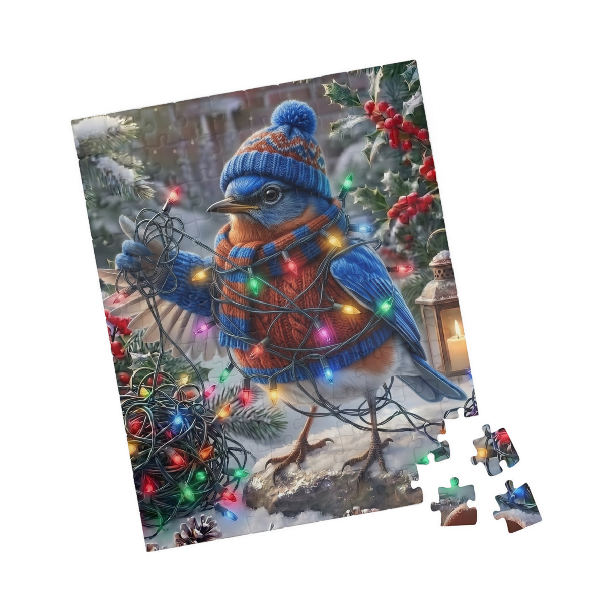 A completed jigsaw puzzle showing a bluebird wearing a blue knit hat and scarf, wrapped in multicolored Christmas lights in a snowy winter scene, with a few loose puzzle pieces shown at the bottom right on a white background.
