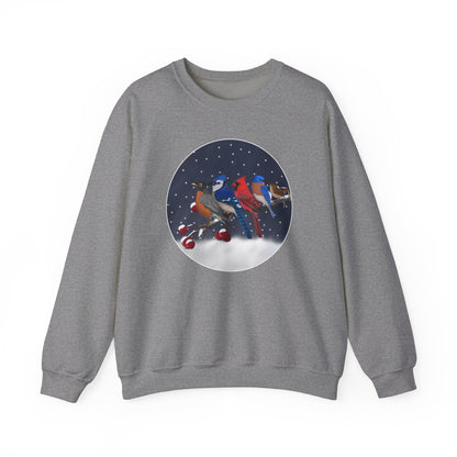 Blue Jay Robin Cardinal Bluebird Wren on a Winter Branch Christmas Bird Sweatshirt