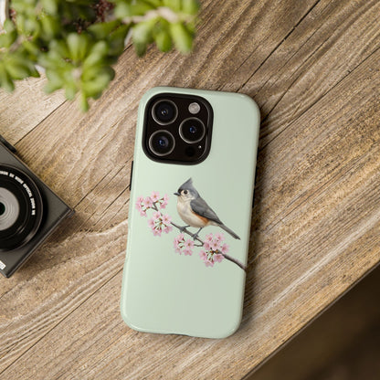 Grauhäubchenmeise Handyhülle in Salbeigrün | Florales Kirschblüten Vogel-Motiv für iPhone & Google Pixel