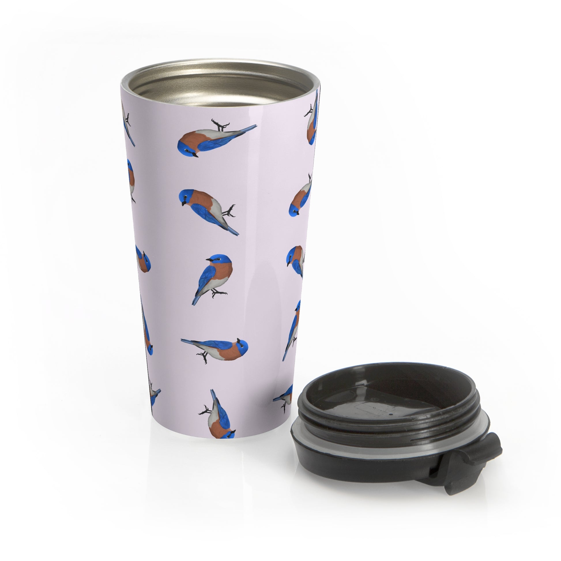 Bluebird All Over Pattern Travel Tumbler Light Pink | 15oz Birdwatching Coffee Mug –