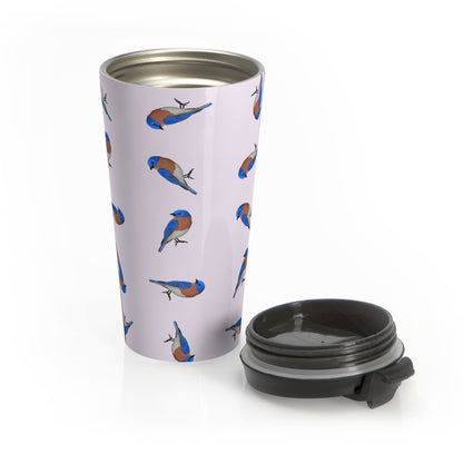 Bluebird All Over Pattern Travel Tumbler Light Pink | 15oz Birdwatching Coffee Mug –