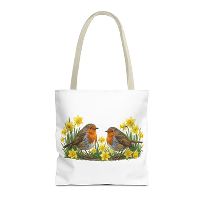 Robuste Einkaufstasche "Frühling": Rotkehlchen in Osterglocken | 40x40cm Shopper