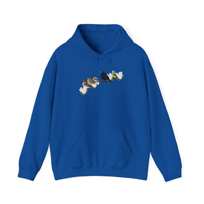 Vögel auf einem Ast Hoodie - Amsel Rotkehlchen Kohlmeise Spatz Kapuzenpullover für Vogelbeobachter & Naturliebhaber