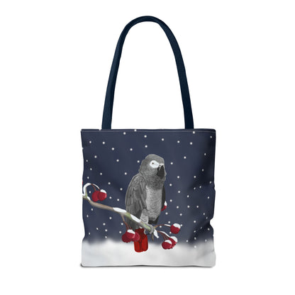 Grey Parrot on a Winter Branch Christmas Bird Tote Bag 16"x16"