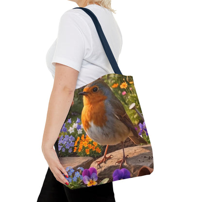 Robin Rosi Flower Bed Tote Bag - Cute Backyard Bird Watcher Gift