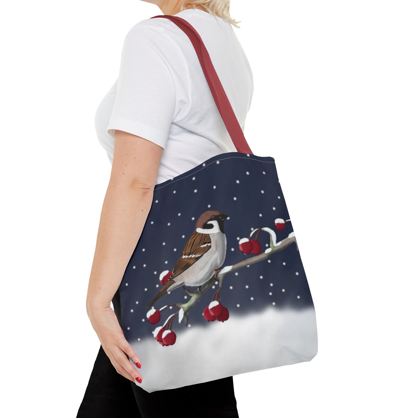 Tree Sparrow on a Winter Branch Christmas Bird Tote Bag 16"x16"