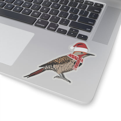 Northern Flicker with Santa Claus Hat and Scarf Christmas Bird Sticker