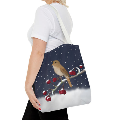 Nightingale on a Winter Branch Christmas Bird Tote Bag 16"x16"