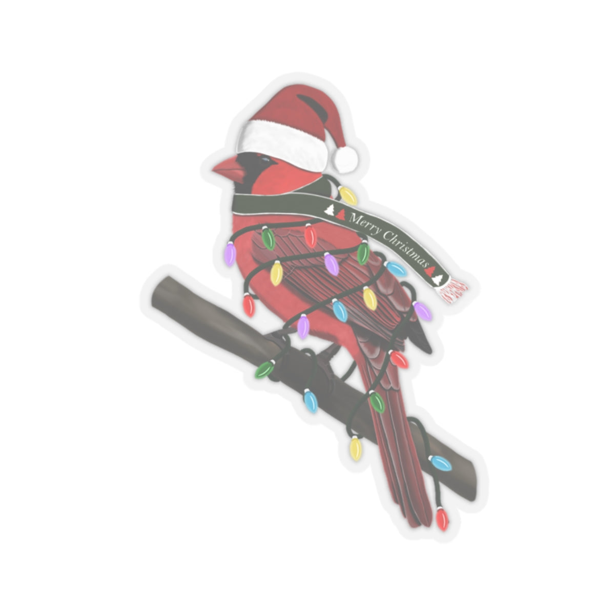 Cardinal with Fairy Lights Santa Claus Hat and Scarf Christmas Bird Sticker