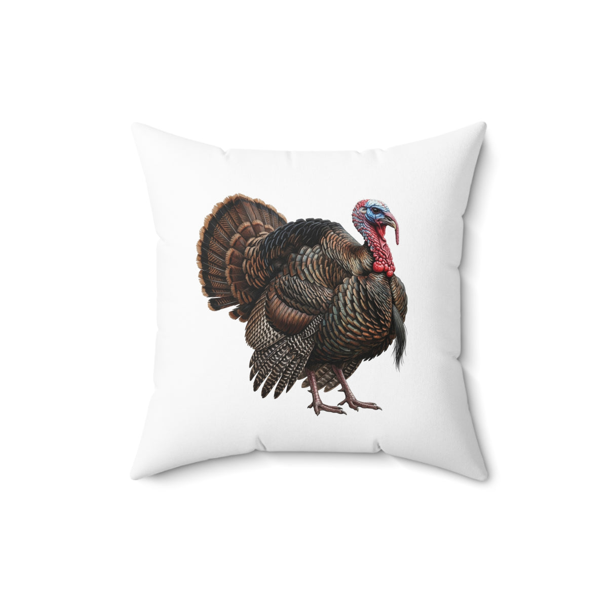 A square white throw pillow featuring a detailed graphic print of a wild turkey in brown, black, and red tones, set against a plain white background.