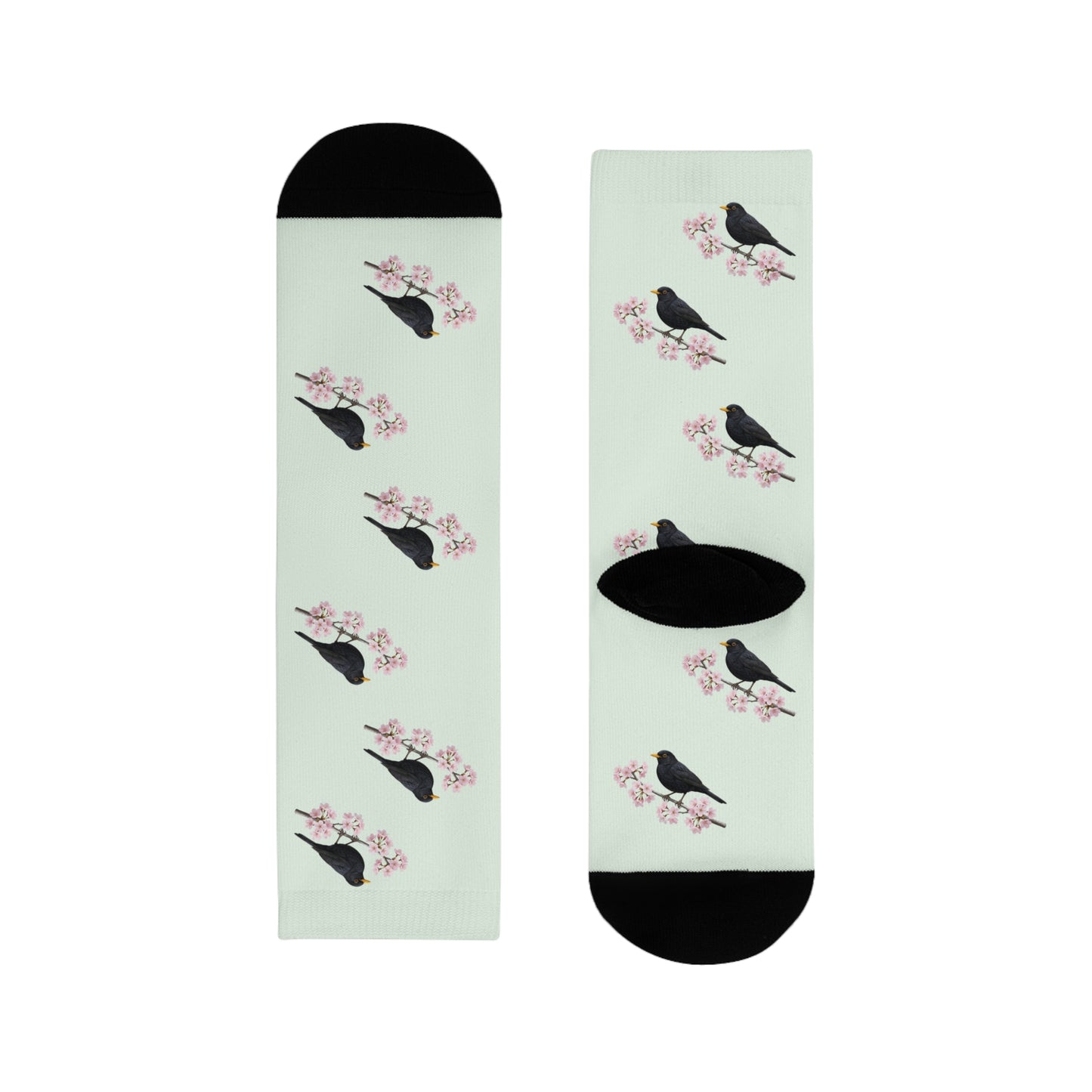 Amsel & Kirschblüten Socken in Salbeigrün | Weiche Baumwollmix-Socken für Naturfreunde