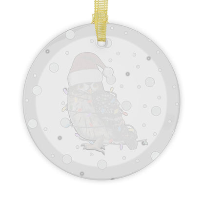 Owl as Santa Claus with Fairy Lights Christmas Glass Ornament