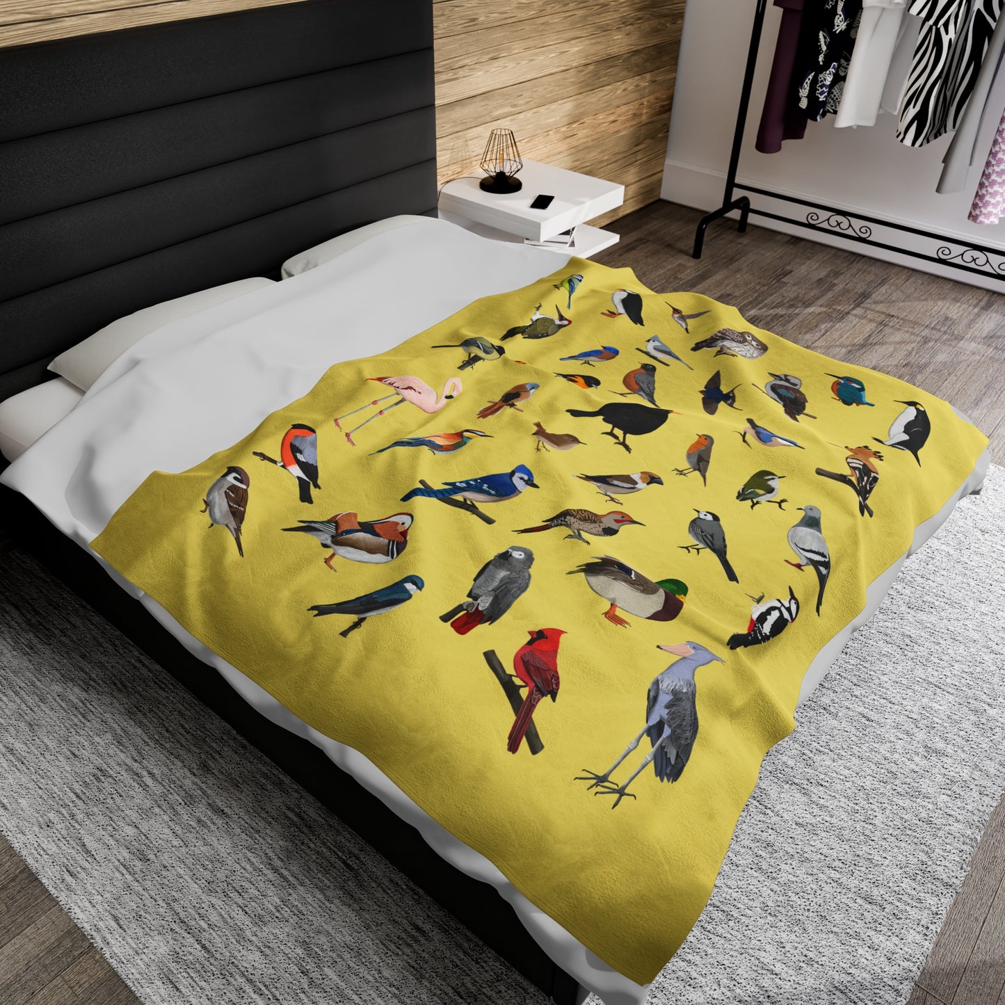 Blue Jay Cardinal Robin Bluebird Hummingbird Oriole Backyard Birds Velveteen Plush Blanket Yellow