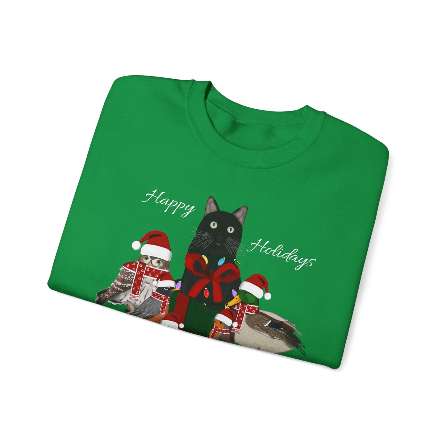 Robin Mallard Oriole Owl with Cat in a Box and Fairy Lights Happy Holidays Christmas Bird Sweatshirt