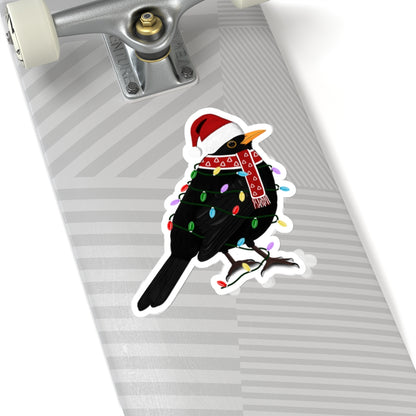 Blackbird with Fairy Lights Santa Claus Hat and Scarf Christmas Bird Sticker