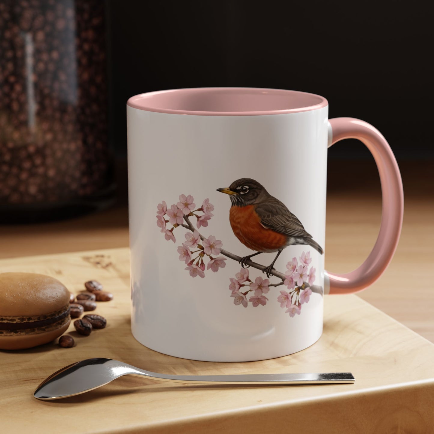 American Robin Cherry Blossom Mug | Pink Ceramic Coffee Cup for Bird Lovers
