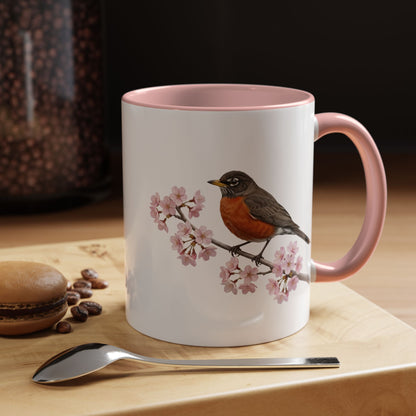 American Robin Cherry Blossom Mug | Pink Ceramic Coffee Cup for Bird Lovers