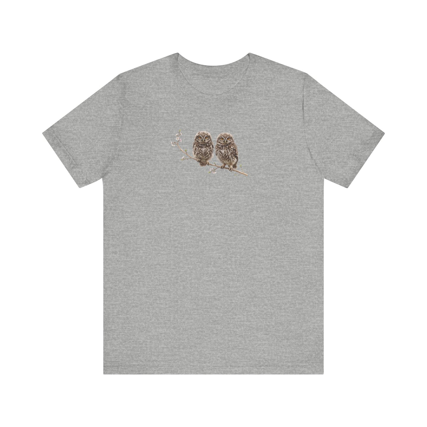 Little Owl Fledgling T-Shirt | Spring Blossoms Unisex Graphic Tee for Bird Watchers