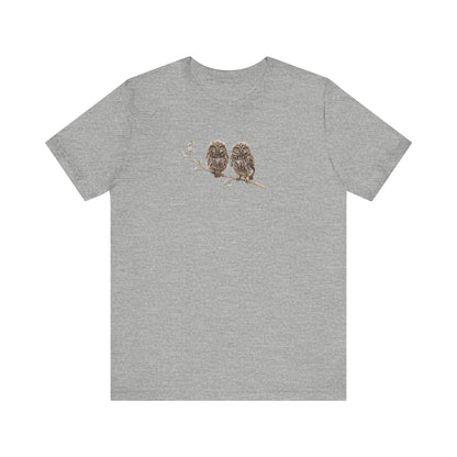Little Owl Fledgling T-Shirt | Spring Blossoms Unisex Graphic Tee for Bird Watchers