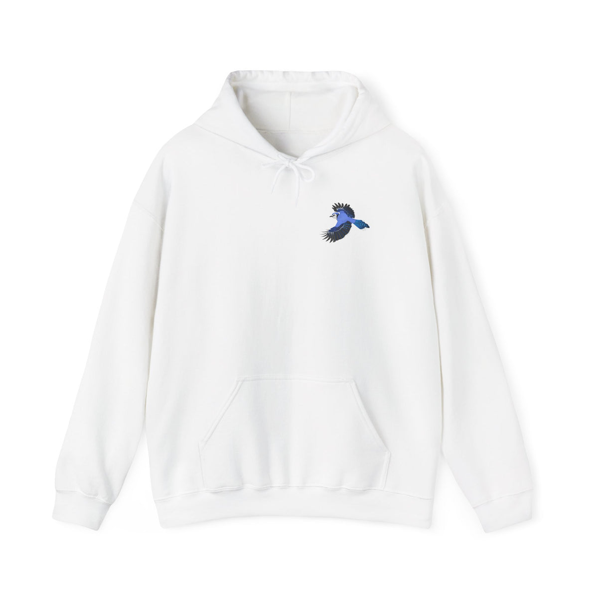 Blauhäher (Blue Jay) Hoodie – Kapuzenpullover mit kleinem Vogelmotiv im Flug