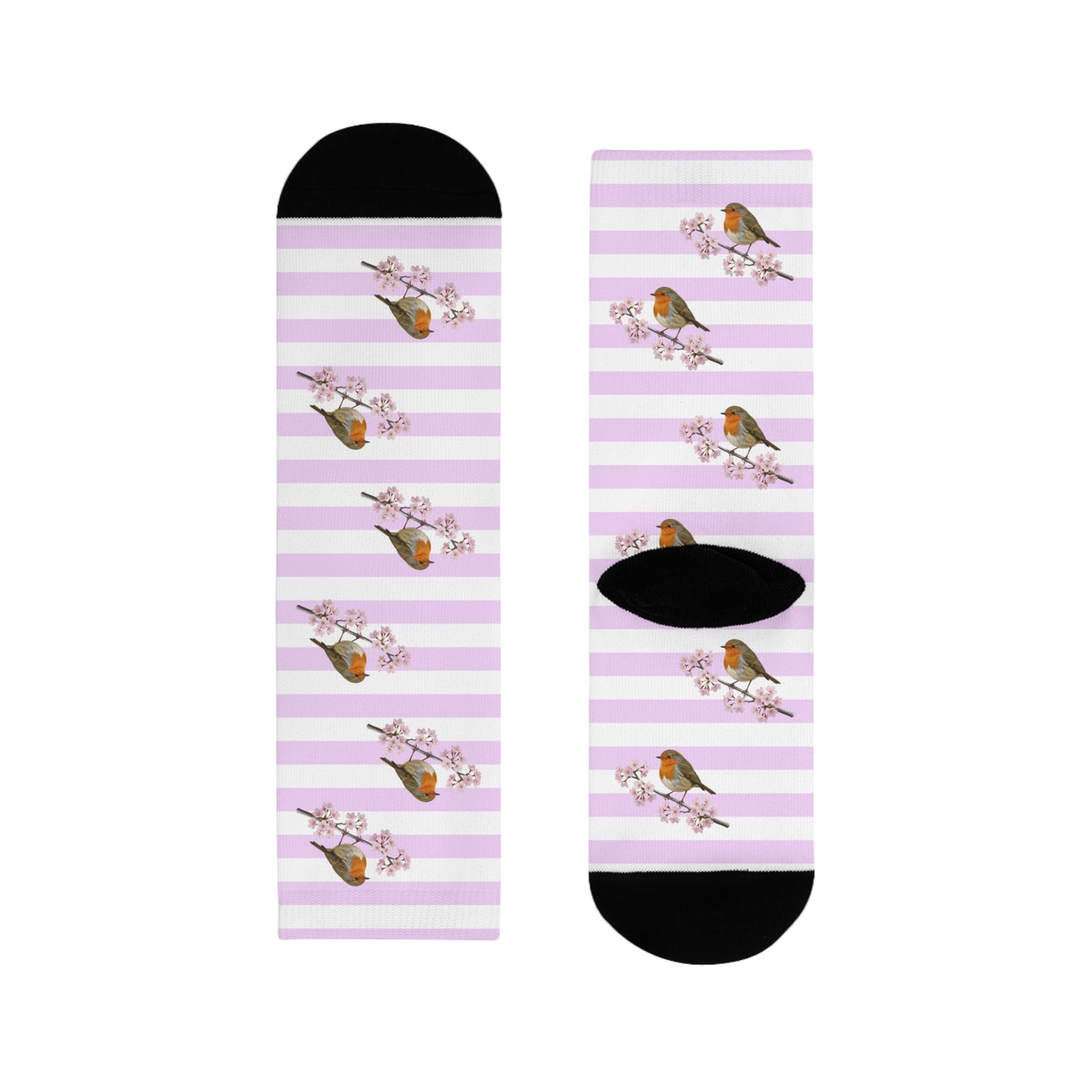 Chaussettes Rouge-Gorge avec fleurs de cerisier | Chaussettes rayées blanc et rose avec des motifs d'oiseaux