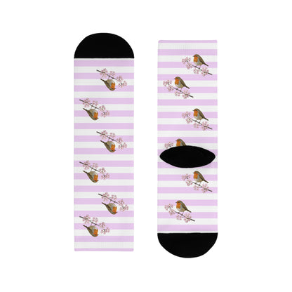 Chaussettes Rouge-Gorge avec fleurs de cerisier | Chaussettes rayées blanc et rose avec des motifs d'oiseaux