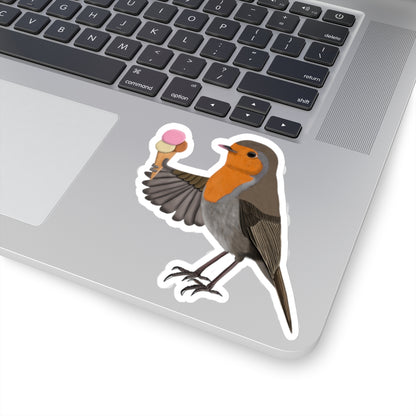 Robin Bird with Ice Cream Kiss-Cut Sticker