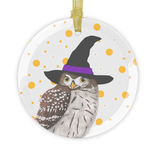 Owl with Witch Hat Halloween Bird Glass Ornament