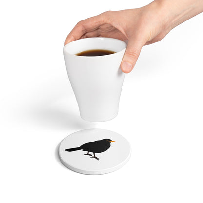 Amsel Keramik-Untersetzer Vogelmotiv Weiß