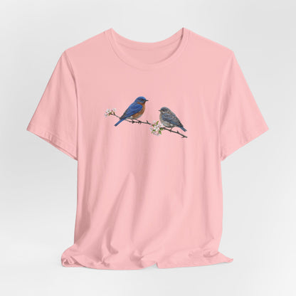 Eastern Bluebird & Fledgling T-Shirt | Spring Blossoms Unisex Graphic Tee