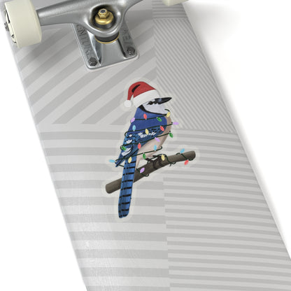 Blue Jay with Fairy Lights and Santa Claus Hat Christmas Bird Sticker