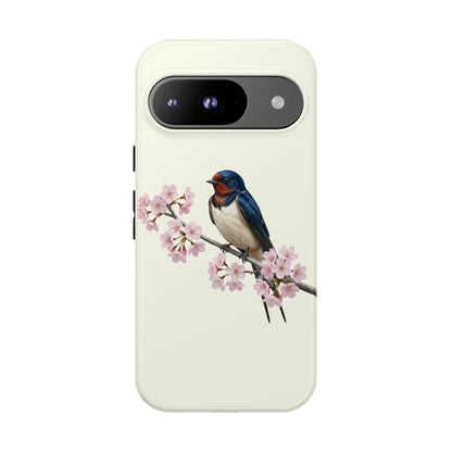 Rauchschwalbe Handyhülle in Cremeweiß | Florales Kirschblüten Vogel-Motiv für iPhone & Google Pixel