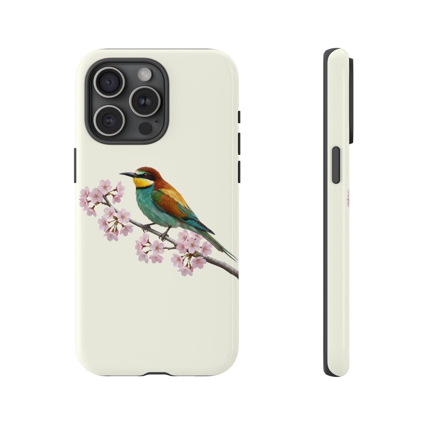 Bienenfresser Handyhülle in Cremeweiß | Florales Kirschblüten Vogel-Motiv für iPhone & Google Pixel
