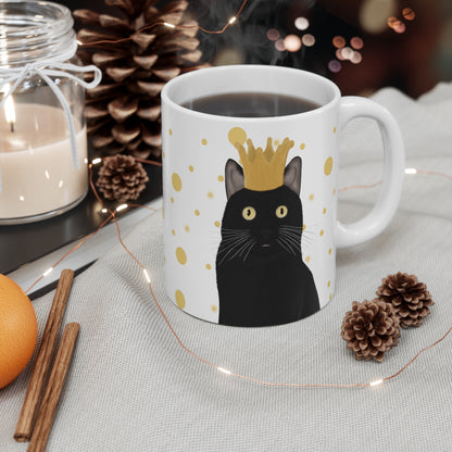 Black Cat with Crown Cat Lover Ceramic Mug White Golden Dots