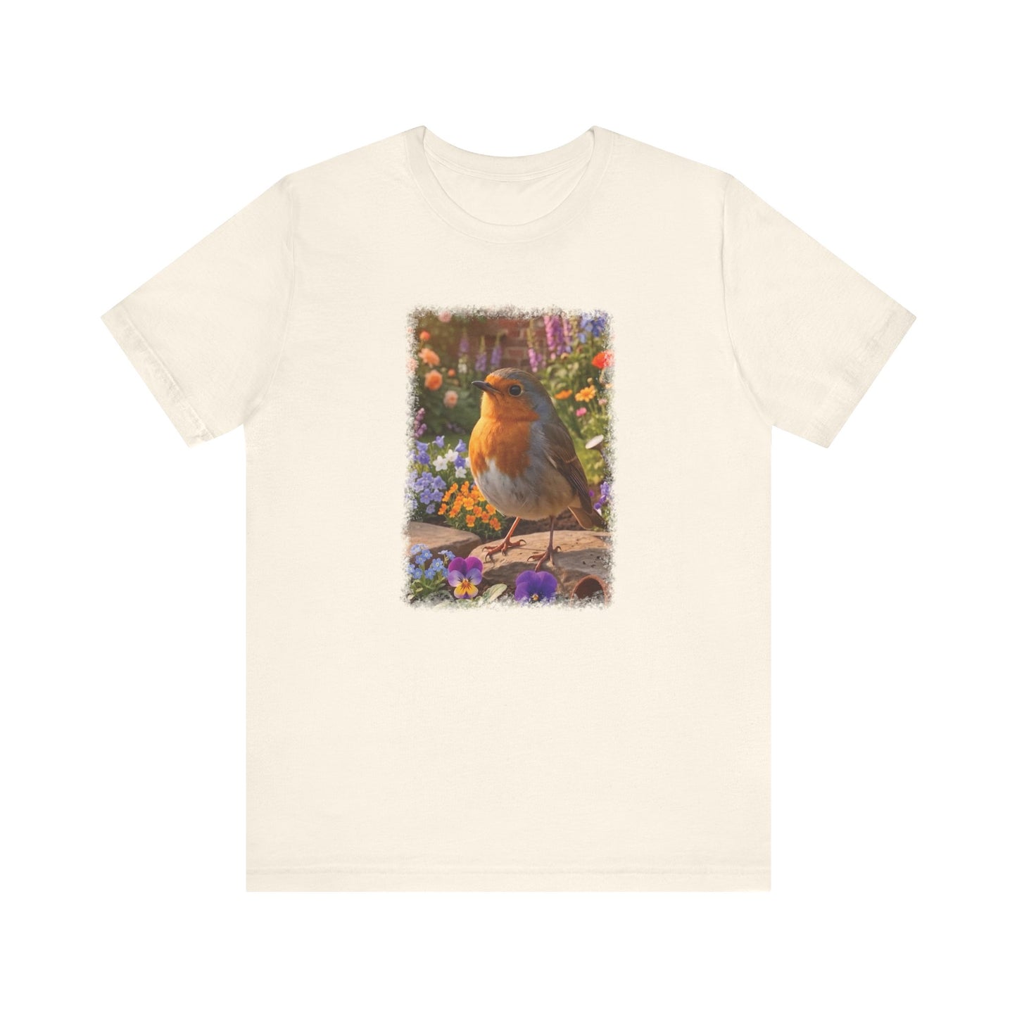 Robin Rosi in the Flower Bed T-Shirt - Cozy Backyard Birding Apparel