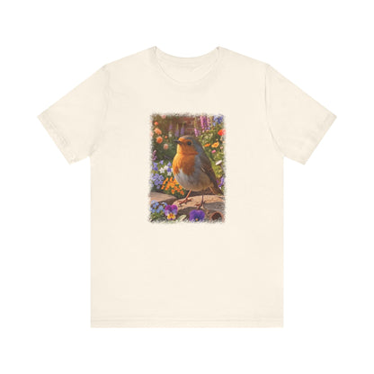 Robin Rosi in the Flower Bed T-Shirt - Cozy Backyard Birding Apparel