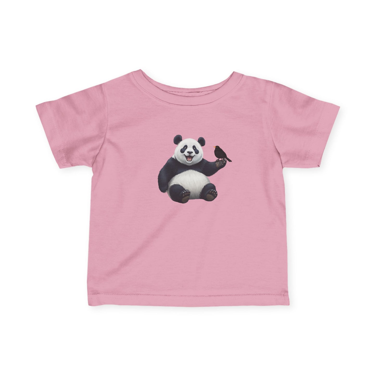 Fröhlicher Panda mit Amsel Vogel Tiermotiv T-Shirt für Babys und Kleinkinder