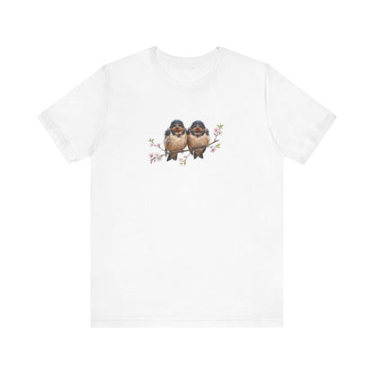 Barn Swallow Fledgling T-Shirt | Spring Blossoms Unisex Graphic Tee for Bird Watchers