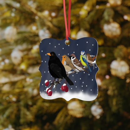 Vögel auf einem Ast Ornament aus Aluminium – Einzigartiger Christbaumschmuck mit Rotem Band