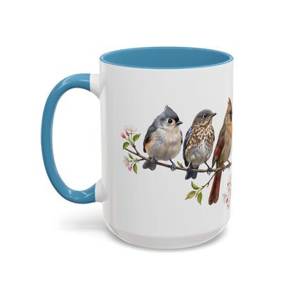 Blue Jay Cardinal Bluebird Little Owl Fledglings Two-Tone Mug | Spring Bird Lover Gift