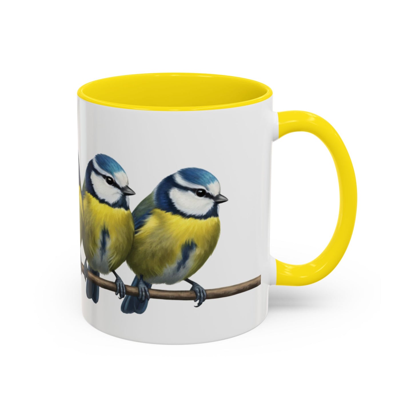 枝に止まるアオガラを描いた陶器製鳥コーヒーマグ - バードウォッチャーへのカスタムギフト